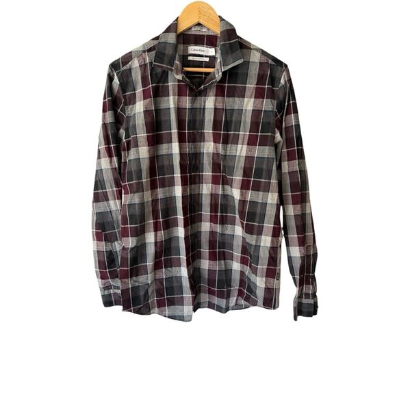 Calvin Klein Gray Burgundy Plaid Liquid Cotton Button Down Shirt - Size M Mens - Picture 1 of 6